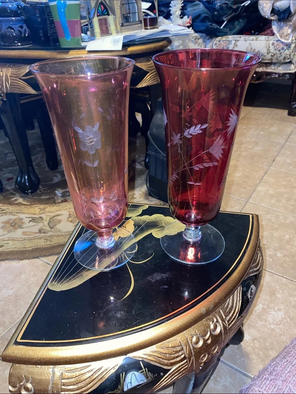 Vintage Hand-Etched Ruby and Rose Pink Glass Vases - Elegant Floral Design